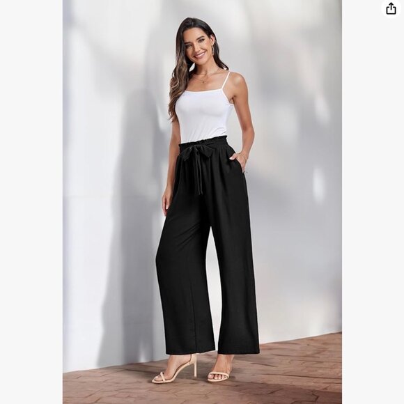 Large NWT Womens Wide Leg Pants High Waist Flowy Adjustable Knot Loose Trousers - Picture 4 of 5